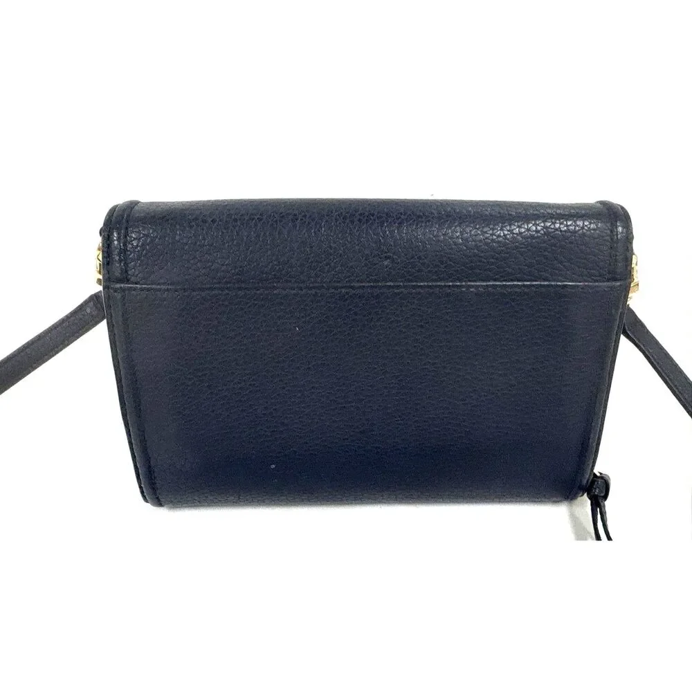 Tory Burch Thea Flat Wallet Crossbody Bag Pebbled Leather Navy Blue
